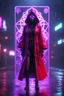 Placeholder: Volumetric fog smack lights,paradise sacred geometry framed playing card, black, red, spore and purple neon cyber punk dancer priestess teurgist in soaked rain coat shadows boss card in the style of escher and fallout 4 ,,bokeh like f/0.8, tilt-shift lens 8k, high detail, smooth render, down-light, unreal engine