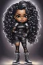 Placeholder: create an airbrush illustration of a chibi cartoon voluptuous black female wearing a black and silver outfit with timberland boots. Prominent make up with hazel eyes. Extremely highly detailed of a long wavy ombre hair. Background of a bike show