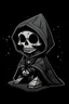 Placeholder: funko skeleton in a black hooded cloak drawn in a retro mascot style, inside a light diamond shape on a black background, monochromatic