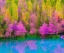 Placeholder: beautiful fairies in a magic pink forest with purple and pink trees, pink and blue and yellow flowers and around a turquoise lake, a blue sky and sunlight