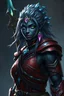 Placeholder: Generate, in rpg style, a female D&D earth genasi warrior. She should have dark, coal-black skin with bright, gem-dust-like sheens. She should have lines running down her skin like cracks, showing gem-like veins and a faint glow. Her hair should look like it was carved from crystal. She should be around 40 years old and fully clad in red heavy armor.