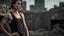 Placeholder: beautiful slender caucasian female technician with a knife, looking away from camera, black tank top, well toned muscles, weathered face, scratched sand camo metal details, short brunette wavy bob haircut, dystopian brutalist city scene