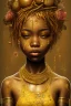 Placeholder: an abstract painting of gold metal and flowers, gold shinny African young girl filled with tears flowing down, rust, scaffolding, iron cladding, decay, mixed media, textured, anatomically correct, beautiful perfect face, sharp focus, highly detailed