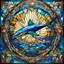 Placeholder: Art Deco style stained glass window of an iridescent Shark, art deco glass, dramatic elaborate design, hyperdetailed, 8k resolution, bright colors, blue hues, 3d liquid detailing, intricate and fluid design,