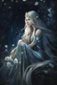 Placeholder: Elven princess,elven crown,long blonde golden hair,rapunzel hair,ice flowers,beautiful,light blue,dark blue,golden armor,sparkle,glitter,ice flowers,snow,elven ears,dark fairy princess