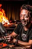 Placeholder: Man firestarter with a microphone in hand, hard rock man and metal radio host sleeping in the background