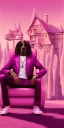 Placeholder: Snoop dogg. a chair. pink houses, pink sky, pink smoke, trees, outdoors.