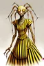 Placeholder: Artist Jean-Baptiste Monge style. A humanoid biomorph Zebra-Spider faced woman. Yellow eyes. A yellow striped ress, covered with spider legs.