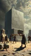 Placeholder: Bosch painting style giant strong warriors have muscles carrying a big cubicle stones along with slaves building the Egyption , paramount using a high tech machine of antigravity