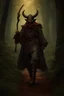 Placeholder: trickster demon, dressed in mediaeval peasant clothing, in a forest, leather boots, smiling, scary, demon, fantasy world, digital art, 4k