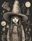 Placeholder: Get ready for a spooky adventure with this interesting, portrait of a wizard hat Halloween vintage girl, and all with a hint of horror and mischief, perfect for a Halloween vibes to any surface