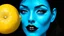 Placeholder: A stunning blue face with lips as bright as lemons, rendered in a hyper-realistic style with intricate details and a touch of surrealism.