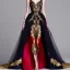 Placeholder: stunning extrem opulent haute couture gown designed by Marchesa inspired by fairies, realistic epic elegant fantasy color mix of black and gold and dark red,decorated with precious stones, detailed, high quality, intricate, fantasyland background,