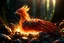 Placeholder: Extremely detailed and intricate scene of a new born phoenix cuddled up resting on a pile of smoking ashes, rays of sunlight shine on the phoenix, in the background is a dense dark forest, settings: f/8 aperture, hyper realistic, 4k