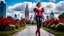 Placeholder: fullbody close up of 1 girl makeup wearing a dark red-silver victorian top and pants and pretty boots walking in moder city of 2040 park ,flowers ,pretty clouds in blue sky,city escape.