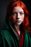 Placeholder: A girl with red hair and green eyes and she is wearing a Hogwarts robe