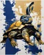 Placeholder: poster in two gradually, a one side Bunny darkblue and other side Turtle gold tones, painting by Yoji Shinkawa,