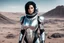 Placeholder: Photo of a Sci-fi woman, with black hair, wearing a silver and black spacesuit looking like an android, on an alien planet