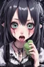 Placeholder: Closeup anime Girl goth with big eyes, fullbody, ragged clothes, slime, the perspective looking down, rolling eyes, tongue out, saliva drip, open mouth,