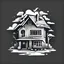 Placeholder: post-apocalyptic cozy house vector icon in white color over the back background, stylized