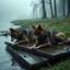 Placeholder: one gary and one brown fantasy anthropomorphic wolf-human hybrids in body hair lie exhausted and wet on their stomachs on two wooden boards next to a deep river, on the opposite bank in the distance, hour-long, thick-trunk trees are faintly visible, grass, mud, rain, high realistic, detailed, cinematic, sci-fi, digital art, dark fantasy mood