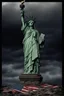 Placeholder: the statue of liberty, dress dirty and torn, her face solemn and terse, trash littered at her feet, she holds a crumpled american flag, she walks away, back to the viewer, under a dark and dreary sky