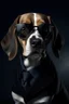 Placeholder: retrato de perro Beagle detectivecon gafas oscuras abrigo negro y fondo misterioso