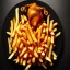 Placeholder: a nice juicy small cyborg chicken with french fries on a big black plate