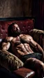 Placeholder: photorealistic, photography, full figure shot, an hairy men sleeping over an old sofa, shirtless, hands behind the neck, Realistic photography, well defined facial features, strong muscular beefy dirty turkish, shirtless, ugly , 41 years old , open legs, manly chest, big shoulders, manly torso, long beard, ripped tracksuit , very dark living room, dim light, ambient occlusion, view angle from below, frontal view from the ground