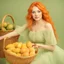 Placeholder: A beautiful young woman with orange hair sitting in a light green dress with a basket full of mangoes. All on a light background that can be easily removed.