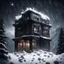 Placeholder: Hyper Realistic Dark haunted hotel with broken window glass & doors on the top of a mountain at heavy snowfall night