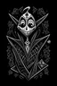 Placeholder: tim burton's jack skellington in a black hooded cloak drawn in a retro mascot style, inside a diamond shape on a black background, monochromatic