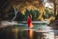 Placeholder: beautiful girl in pretty dress walking in water toward camera in trees next to wavy river with clear water and nice sands in floor.camera capture from her full body front