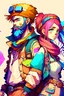 Placeholder: anime couple, adventurers, colorful, man with beard