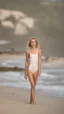 Placeholder: anorexic beautiful 19 year old woman, total shot, triathlon swimsuit, short blonde wavy bob hair, blurred beach background