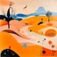 Placeholder: A light rosy orange colored prairie with a river painted by Joan Miro