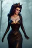 Placeholder: Amy Dumas as evil queen in black leather gown, evil, busty, cleavage, curvy, angry, stern look. character design by cory loftis, fenghua zhong, ryohei hase, ismail inceoglu and ruan jia. unreal engine 5, artistic lighting, highly detailed, photorealistic, fantasy