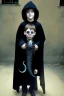 Placeholder: 7 year old boy, necromancer, friendly, looks dead,with a long lamprey emerging from his belly , wearing black robes, in the style of H.R. Giger
