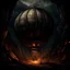 Placeholder: big hot air ballon with basket, , ballon in a huge cave, dark, stone, fire of the ballon only light, drawing, details