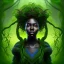 Placeholder: Painting .the face of A young black woman. A wood nymph emerging from the forest. Her hair looks like vines. Dreadlocs. Her skin is the colour of dark soil. Her skin looks like tree bark. Her clothing is made of vines, grass and leaves.