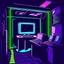 Placeholder: Unsettling room, neon lights, signs, empty, a computer is running, liminalcore