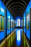 Placeholder: An exhibition of paintings whose side walls are in the shape of an oval and made of blue glass and its floor is light with a wall in the middle of the hall to divide it into two parts with a corridor at the beginning and end of the wall and the paintings displayed are old and historical