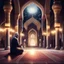 Placeholder: Hyper Realistic Man Praying & Ramadan Lights inside a beautiful mosque at night