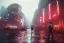 Placeholder: 3D, beautiful, light reflecting, empty city at night, rainy night, neon, cyberpunk, tron, person with helmet walking