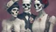 Placeholder: Famous Skeleton Couple Posing together wearing 1920's Hollywood Grandeur; Surreal, Intricately Detailed, Beautiful, Colorful, award-winning, high definition, ultra-detailed, beautiful, rose tones