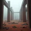 Placeholder: Photograph, mortar, rags, alberi, nebbia, struttura rossa, concrete structure, molta nebbia, brutalist style, paranoid light, con muratori e ingegneri, concretions, felt, fog, powder, nightmare, minimalist, details of the dust very accentuated, 8k, deep 3d field