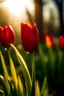 Placeholder: A big red tulip with a few branches of a small red tulip close to me and the sunlight