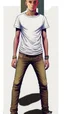 Placeholder: Teen man, blond hair, perfect face, style of tomer hanuka, jeans, white, t-shirt, pompadour