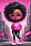 Placeholder: create an airbrush illustration of a chibi cartoon voluptuous black female. Wearing a hot pink t-shirt and tight black jeans with hot pink Nike sneakers. Prominent make up with hazel eyes and she is wearing pink glasses. Extremely Highly detail of a very low platinum shiny pixie haircut. Background of a busy city street.