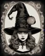 Placeholder: Get ready for a spooky adventure with this interesting, portrait of a wizard hat Halloween vintage girl, and all with a hint of horror and mischief, perfect for a Halloween vibes to any surface